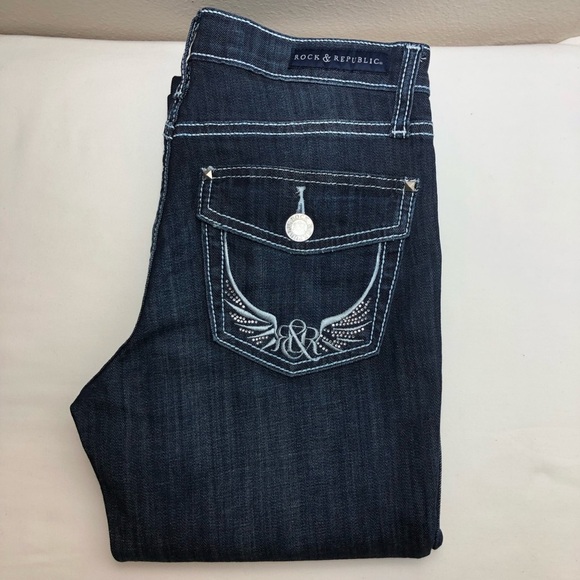 Rock & Republic Kasandra Embroidered Midrise Dark Blue  Wash Bootcut Jeans 4M - Picture 16 of 16